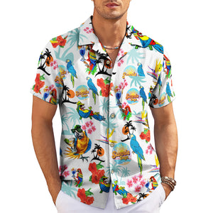Colourful parrot and hibiscus print Hawaiian shirt on hanger variant 3