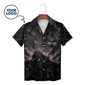 Dark camp shirt showing troops raising US flag amid weaponry