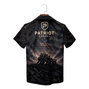 Dark camp shirt showing troops raising US flag amid weaponry variant 2