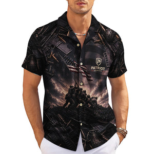 Dark camp shirt showing troops raising US flag amid weaponry variant 3