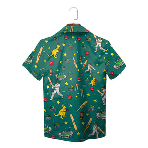 Green cricket themed Hawaiian shirt with kangaroos and batsmen variant 2