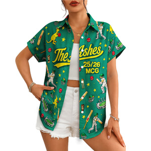 Green cricket themed Hawaiian shirt with kangaroos and batsmen variant 4