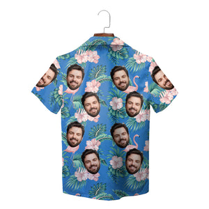 Blue Hawaiian shirt with custom face print flamingos hibiscus variant 2