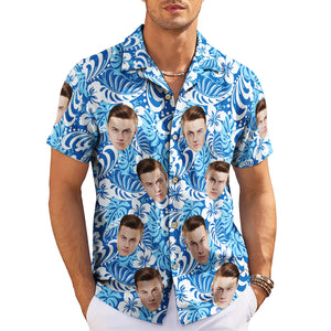 Blue white hibiscus Hawaiian shirt with repeated face print variant 3