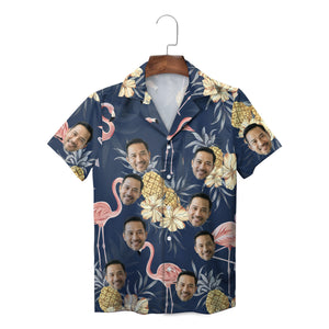 Navy Hawaiian shirt with custom face flamingos pineapples