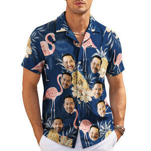 Navy Hawaiian shirt with custom face flamingos pineapples variant 3