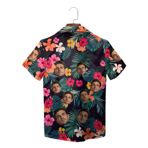 Navy Hawaiian shirt with custom face cutouts and hibiscus flowers variant 3