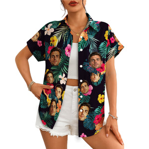 Navy Hawaiian shirt with custom face cutouts and hibiscus flowers variant 5