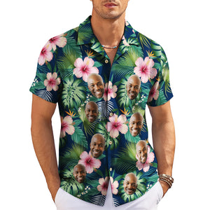 Navy Hawaiian shirt with custom face cutouts and pink hibiscus variant 3
