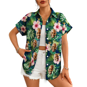 Navy Hawaiian shirt with custom face cutouts and pink hibiscus variant 4
