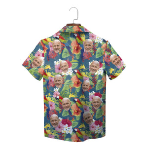 Teal Hawaiian shirt with repeated face photo tropical flowers variant 4
