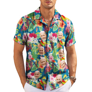 Teal Hawaiian shirt with repeated face photo tropical flowers variant 5