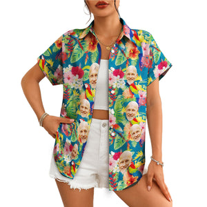 Teal Hawaiian shirt with repeated face photo tropical flowers variant 7