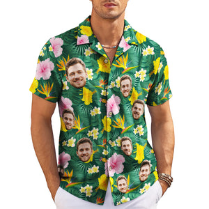 Green tropical face print Hawaiian shirt with hibiscus blooms variant 3