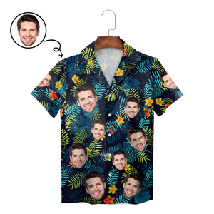 Navy personalised face Hawaiian shirt tropical leaves pattern