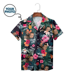 Navy tropical hibiscus Hawaiian shirt with custom photo print