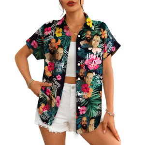 Navy tropical hibiscus Hawaiian shirt with custom photo print variant 4