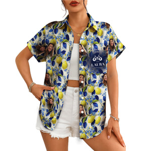 Custom photo Hawaiian shirt lemon navy leaves blue flowers variant 4