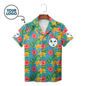 Blue tropical hibiscus Hawaiian shirt with triathlon logo badge