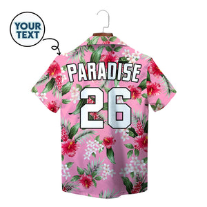 Pink floral Hawaiian shirt with red hibiscus on hanger variant 2