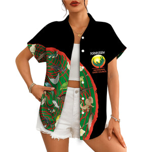 Black Hawaiian shirt with Aboriginal wildlife green red swirl design variant 3