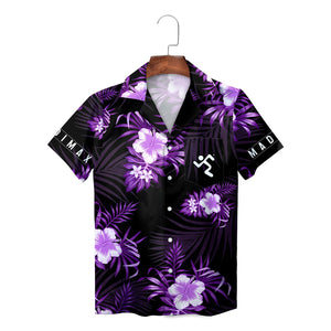 Black Hawaiian shirt featuring purple hibiscus flowers palm leaves