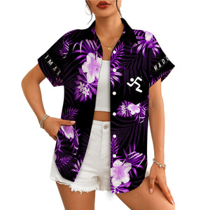 Black Hawaiian shirt featuring purple hibiscus flowers palm leaves variant 4