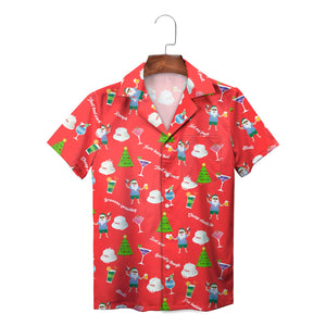 Red Hawaiian shirt with cartoon Santa cocktails Christmas trees