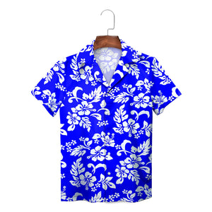 Bright blue Hawaiian shirt white hibiscus floral pattern