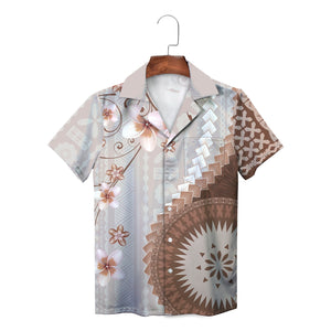 Taupe brown tapa pattern frangipani floral Hawaiian shirt