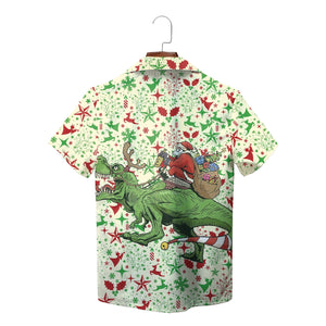 Cream Hawaiian shirt featuring Santa riding a green dinosaur variant 2