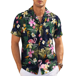 Navy Hawaiian shirt with pink flamingos tropical flowers palm fronds variant 3