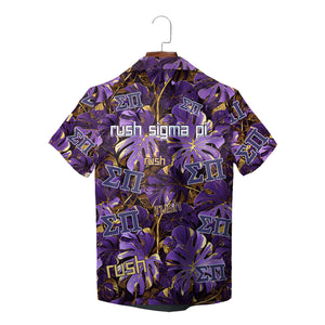 Light blue fraternity shirt featuring navy Greek letters and tropical foliage variant 7