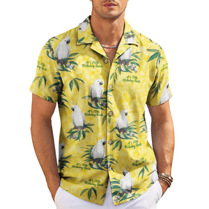 Yellow camp shirt featuring white crested parrots on leafy branches variant 3