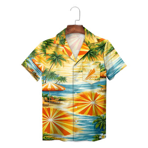 Amber sunburst tropical palm beach scene Hawaiian shirt