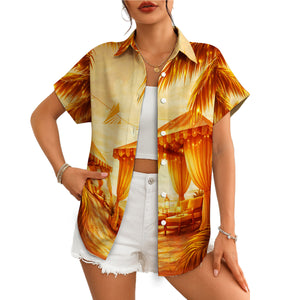 Amber sunburst tropical palm beach scene Hawaiian shirt variant 10