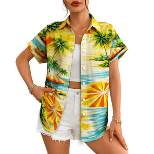 Amber sunburst tropical palm beach scene Hawaiian shirt variant 8