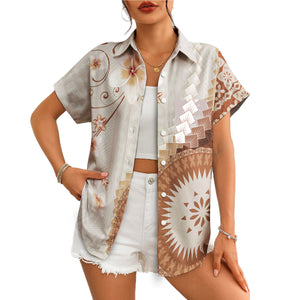 Brown tapa medallion frangipani grey tribal Hawaiian shirt variant 4