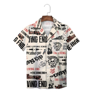 Cream Hawaiian shirt with The Living End band logos and skulls