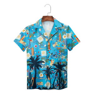 Blue Hawaiian shirt with surfboards palm trees pizza pattern variant 2