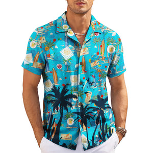 Blue Hawaiian shirt with surfboards palm trees pizza pattern variant 5