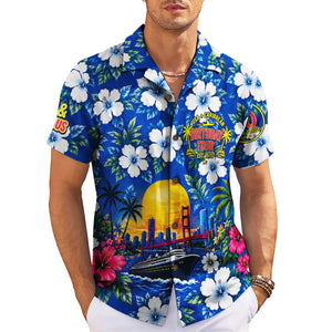 Royal blue floral shirt featuring sunset bridge cruise liner variant 3