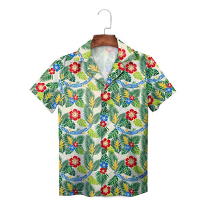 Floral monstera leaf print short sleeve summer shirt on hanger