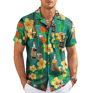 Teal Hawaiian shirt with whisky bottles and yellow hibiscus variant 3