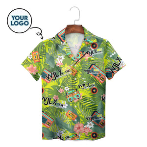 Green leafy shirt showing radios cassettes hibiscus blooms