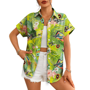 Green leafy shirt showing radios cassettes hibiscus blooms variant 4