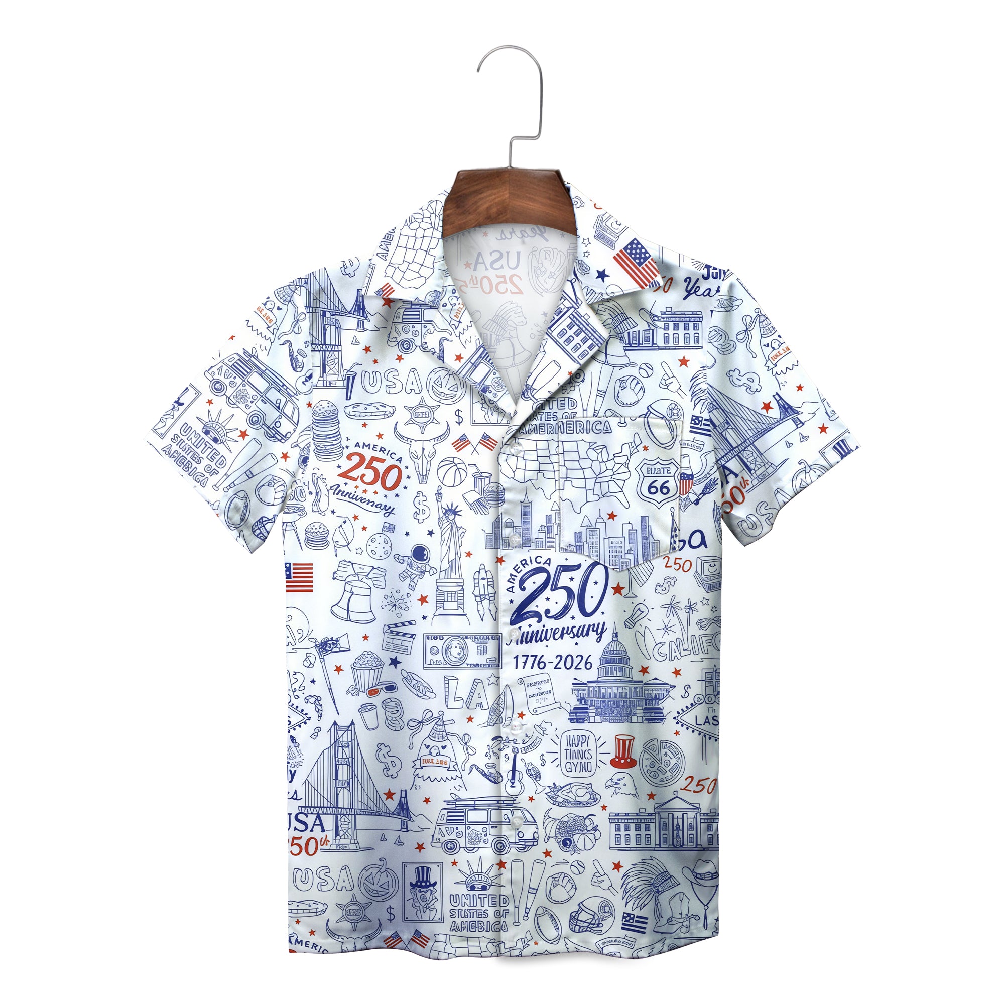 White Hawaiian shirt with blue USA landmark doodle pattern