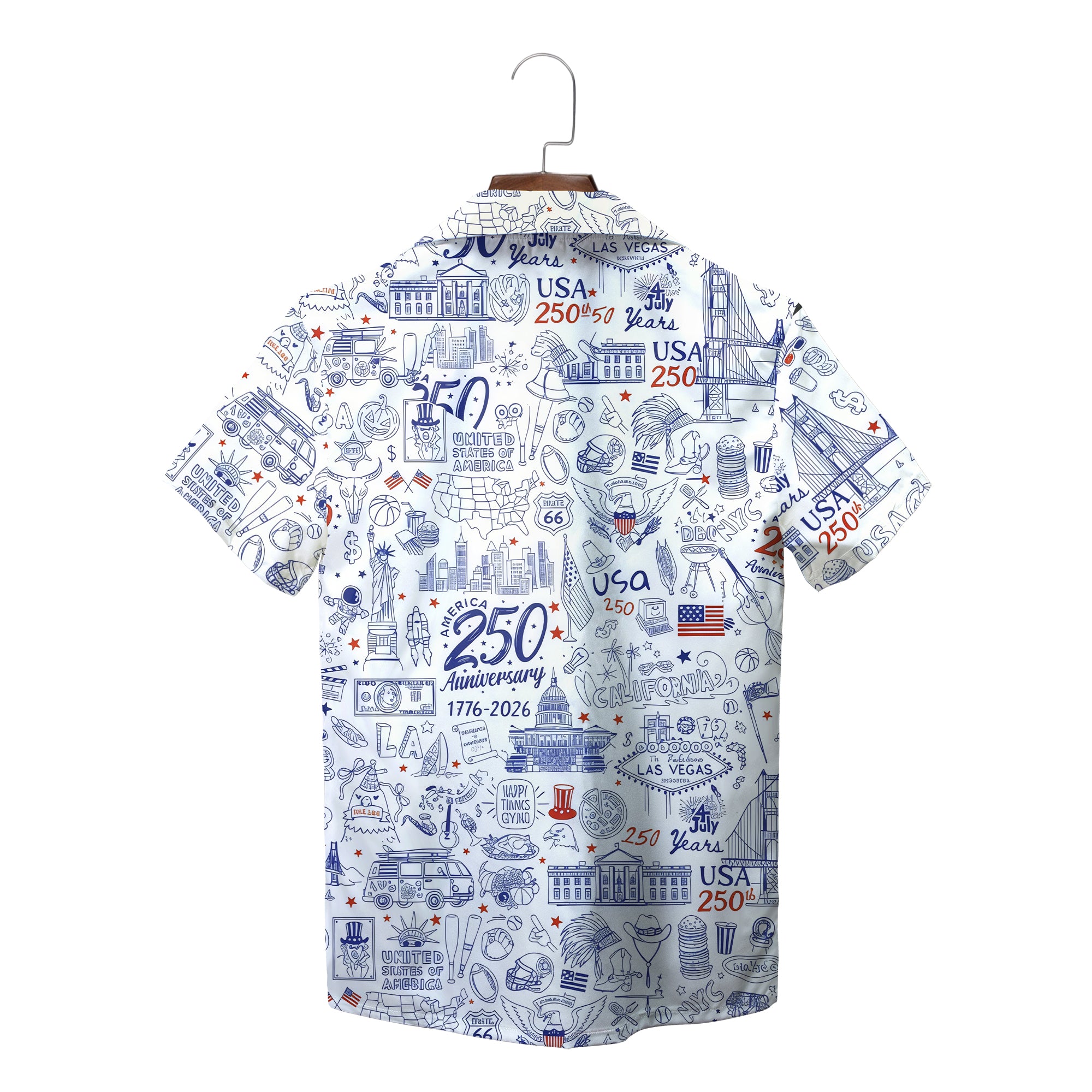 White Hawaiian shirt with blue USA landmark doodle pattern variant 2