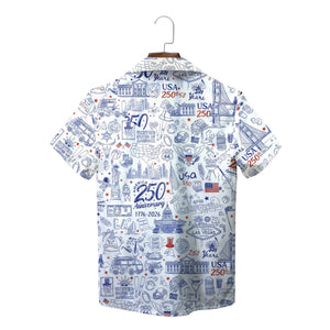 White Hawaiian shirt with blue USA landmark doodle pattern variant 2