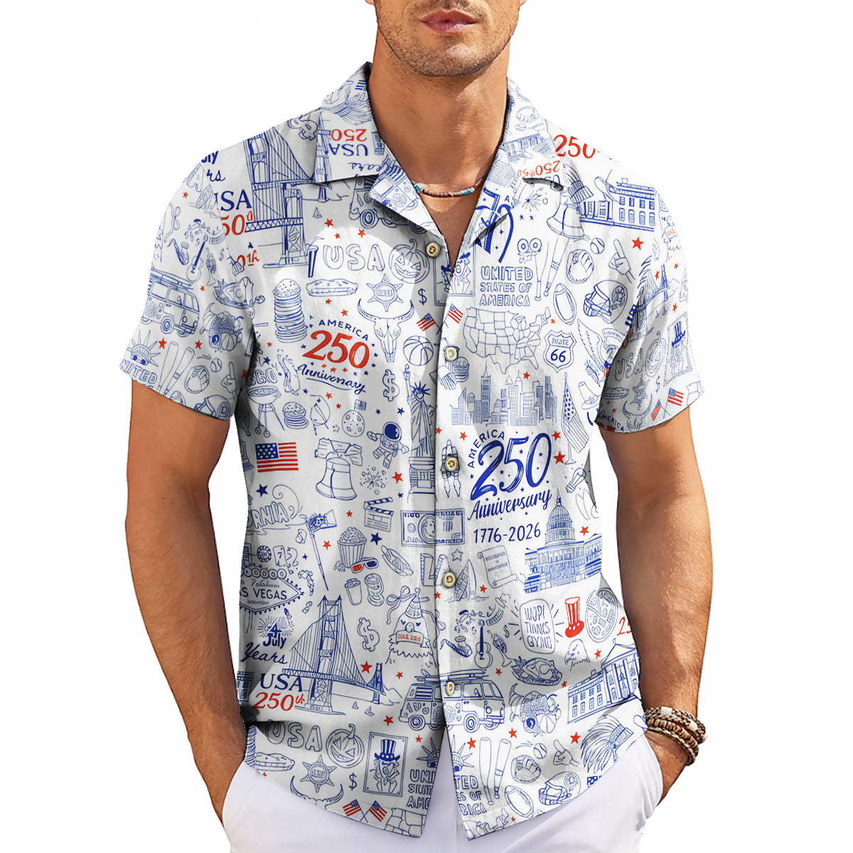 White Hawaiian shirt with blue USA landmark doodle pattern variant 3